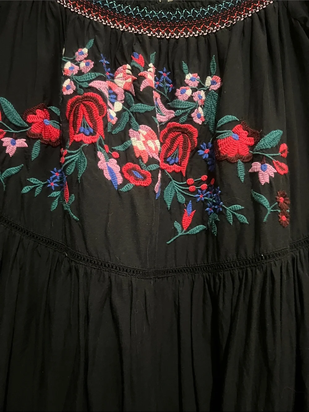 Free People Black Strapless Boho Dress with Pink & Red Floral Embroidery